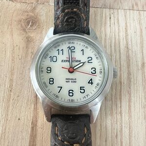 Timex Expedition field mini ladies silver tone brown leather watch NEW BATTERY